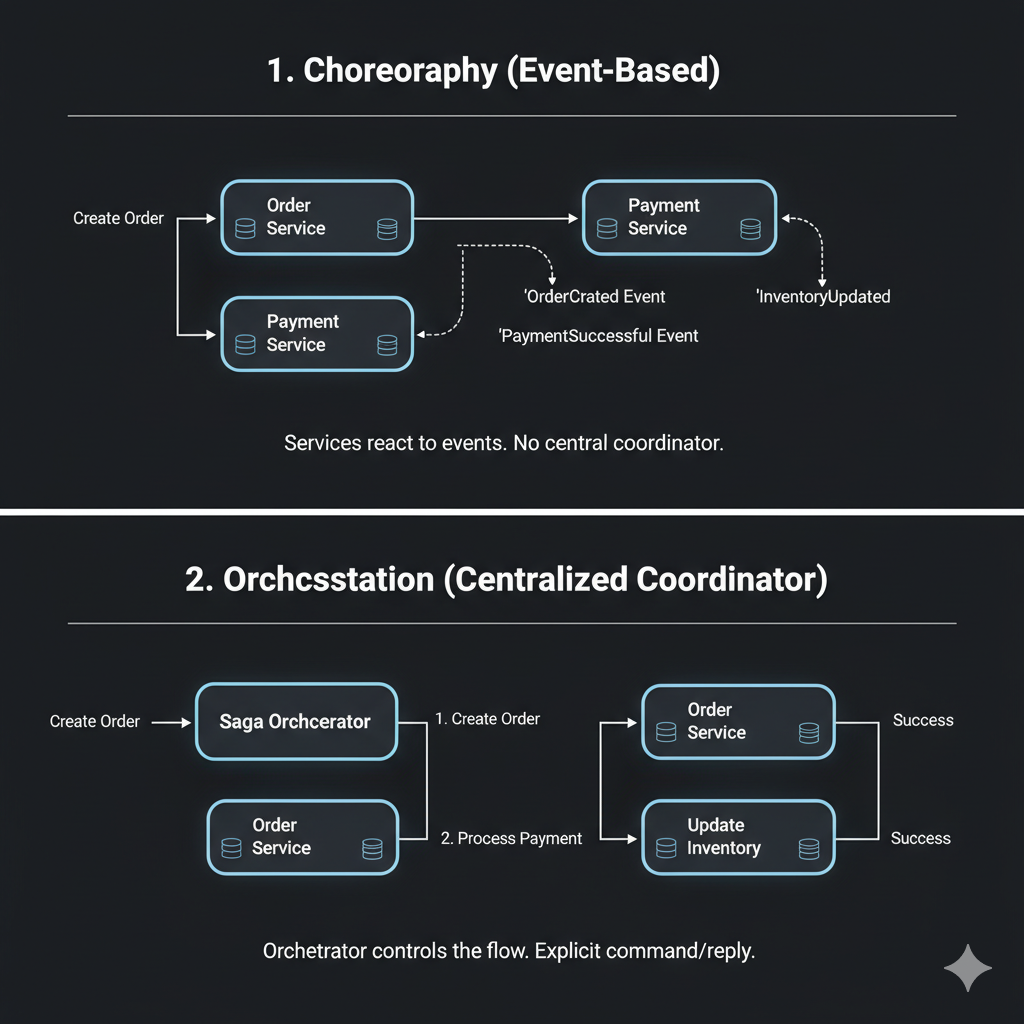 Choreografie vs Orchestration “Diagramm: SAGA-Pattern Choreografie und Orchestration”